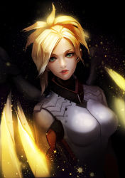 Rule 34 | 1girl, absurdres, armor, blonde hair, gorget, green eyes, highres, lips, looking at viewer, mechanical wings, mercy (overwatch), overwatch, overwatch 1, parted lips, ponytail, rain yoo, solo, sparkle, wings, yellow wings, zzoggomini