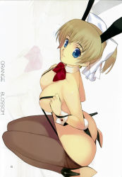 Rule 34 | animal ears, ass, blonde hair, blue eyes, bow, breasts, choker, cleavage, clothes pull, cuffs, fake animal ears, hair bow, high heels, highres, large breasts, mibu natsuki, pantyhose, pantyhose pull, playboy bunny, rabbit ears, rabbit tail, slingshot swimsuit, smile, swimsuit, tail, thong