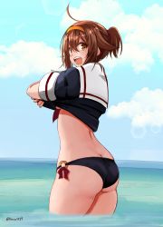 Rule 34 | 1girl, ahoge, alternate hairstyle, ass, bikini, bikini under clothes, black bikini, black serafuku, blue sky, breasts, brown eyes, brown hair, butt crack, clothes lift, cloud, commentary request, cowboy shot, day, from behind, hair between eyes, hairband, highres, horizon, kantai collection, lifting own clothes, looking at viewer, looking back, medium breasts, ocean, open mouth, orange hairband, outdoors, porco1127, school uniform, serafuku, shiratsuyu (kancolle), shirt lift, short hair, short sleeves, sky, smile, soaking feet, solo, standing, swimsuit, swimsuit under clothes, teeth, twitter username, underboob, undressing, upper teeth only, wading