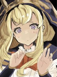 Rule 34 | 10s, 1girl, bad id, bad twitter id, blonde hair, blush, cagliostro (granblue fantasy), cagliostro (halloween) (granblue fantasy), constricted pupils, granblue fantasy, hairband, halloween, hood, iwasaki takashi, long hair, looking at viewer, pov, purple eyes, solo, sweat, upper body