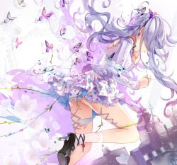 Rule 34 | 1girl, alternate color, blue hair, breasts, bug, butterfly, corset piercing, dutch angle, earrings, female focus, floral print, hair over eyes, hatsune miku, high heels, insect, jewelry, light purple hair, long hair, low wings, miniskirt, piercing, ribbed sweater, ribbon, see-through, silver hair, skirt, socks, solo, sweater, tukino (panna), twintails, vocaloid, when you see it, wings
