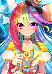Rule 34 | 1girl, absurdres, back bow, bad id, bad pixiv id, blush, bow, bow choker, closed mouth, commentary, crescent moon, double exposure, english commentary, epaulettes, eyelashes visible through hair, glove bow, gloves, hair between eyes, hat, heterochromia, highres, holding, holding umbrella, kusunokimizuha, light smile, long hair, looking at viewer, mixed-language commentary, moon, multicolored hair, original, puffy short sleeves, puffy sleeves, purple hair, rainbow, rainbow hair, red eyes, short sleeves, solo, umbrella, upper body, very long hair, white gloves