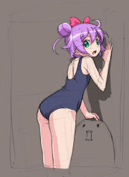 Rule 34 | 1girl, against wall, ass, bow, brown background, double bun, green eyes, hair bow, looking at viewer, manaka laala, one-piece swimsuit, open mouth, pretty series, pripara, purple hair, rohitsuka, school swimsuit, short hair, sketch, solo, swimsuit
