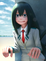 Rule 34 | 10s, 1girl, asui tsuyu, black eyes, black hair, blue sky, blush stickers, boku no hero academia, cloud, day, gohpot, highres, lens flare, necktie, school uniform, signature, sky, solo, tongue, tongue out, tree, upper body, watermark, web address