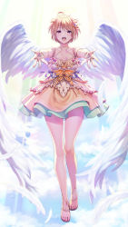 Rule 34 | 1girl, :d, ahoge, angel wings, armlet, backlighting, bare legs, bare shoulders, blonde hair, blue ribbon, blue sky, blurry, blurry background, blurry foreground, breasts, bridal gauntlets, cloud, collarbone, commentary request, day, depth of field, dress, falling feathers, feathered wings, feathers, fingerless gloves, floating, floral print, foreshortening, full body, gloves, gradient sky, green dress, hair between eyes, hair flaps, hair ribbon, halo, halter dress, halterneck, hands up, highres, ibuki tsubasa, idolmaster, idolmaster million live!, layered dress, looking at viewer, medium breasts, multicolored clothes, multicolored dress, multicolored ribbon, multicolored sky, nanaran, open hand, open hands, open mouth, orange dress, orange ribbon, outdoors, outstretched arms, pink eyes, pink ribbon, print footwear, purple ribbon, reaching, reaching towards viewer, ribbon, sandals, short dress, short hair, sky, sleeveless, sleeveless dress, smile, solo, sunlight, teeth, toenails, toes, upper teeth only, white dress, white footwear, white gloves, white wings, wings