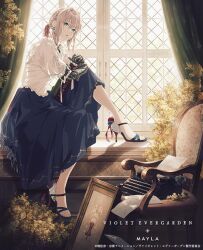 Rule 34 | 1girl, blonde hair, blue eyes, blue footwear, blue skirt, book, bow, braid, chair, curtains, day, earrings, frills, full body, hair between eyes, hair intakes, hair ribbon, high heels, holding, holding book, indoors, jewelry, letter, long hair, long skirt, looking at viewer, mechanical hands, official art, picture frame, plant, prosthesis, prosthetic arm, prosthetic hand, red ribbon, ribbon, shirt, shoes, short sleeves, sitting, skirt, solo, strappy heels, sunlight, typewriter, violet evergarden, violet evergarden (series), white shirt, window