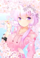 Rule 34 | 1girl, bad id, bad pixiv id, bangle, blurry, blurry background, blurry foreground, blush, bracelet, cherry blossoms, closed mouth, collarbone, crescent, day, depth of field, drawstring, flower, hair flower, hair ornament, hairclip, highres, holding, holding own hair, hood, hood down, hoodie, jewelry, long sleeves, looking at viewer, outdoors, pink hair, pink hoodie, rabbit hair ornament, short hair with long locks, sidelocks, smile, solo, spring (season), tareme, upper body, vocaloid, voiceroid, yusake san, yuzuki yukari