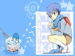 Rule 34 | 1boy, aircraft, airplane, backpack, bag, blue eyes, blue hair, blue scarf, food, ice cream, kaito (vocaloid), male focus, mini person, miniboy, non-web source, popsicle, projectkai, scarf, spoon, star (symbol), vocaloid
