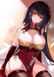 Rule 34 | 1girl, absurdres, ahoge, azur lane, black hair, black thighhighs, breasts, china dress, chinese clothes, cleavage, dress, elbow gloves, feathers, garter straps, gloves, highres, large breasts, long hair, looking at viewer, neco meito, official alternate costume, parted lips, red dress, red eyes, red gloves, signature, sitting, skindentation, solo, taihou (azur lane), taihou (phoenix&#039;s spring song) (azur lane), thighhighs, thighs, very long hair