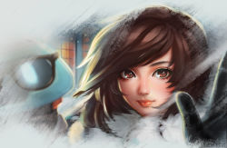 Rule 34 | 1girl, absurdres, artist name, black gloves, brown eyes, brown hair, closed mouth, eyelashes, fur trim, gloves, highres, lemon cat, looking at viewer, mei (overwatch), nose, overwatch, overwatch 1, portrait, solo