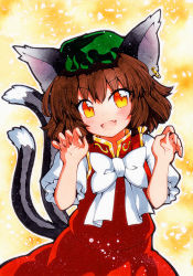 Rule 34 | 1girl, :d, animal ear fluff, animal ears, bad id, bad pixiv id, brown eyes, brown hair, cat ears, cat tail, chen, claw pose, dress, earrings, fang, gold trim, hat, jewelry, looking at viewer, mob cap, multiple tails, nekomata, open mouth, qqqrinkappp, red dress, short hair, single earring, skin fang, smile, solo, tail, touhou, traditional media, two tails