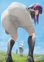 Rule 34 | 1boy, 2girls, ?, ass, bent over, blue sky, boots, capelet, cleft of venus, dress, elf, fern (sousou no frieren), frieren, from behind, from below, ishikei, long hair, looking at viewer, looking back, multiple girls, pointy ears, purple eyes, purple hair, pussy, pussy juice, see-through, sky, solo focus, sousou no frieren, stark (sousou no frieren), straight hair, twintails, wet, wet clothes, white capelet, white dress, white hair