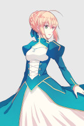 Rule 34 | 1girl, ahoge, artoria pendragon (all), artoria pendragon (fate), blonde hair, blue ribbon, braid, braided bun, cleavage cutout, closed mouth, clothing cutout, dress, fate/stay night, fate (series), green eyes, grey background, hair between eyes, hair bun, hair ribbon, highres, long dress, long sleeves, looking to the side, ribbon, ro96cu, saber (fate), short hair, sidelocks, simple background, solo, standing