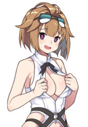 Rule 34 | 1girl, aviator sunglasses, bare shoulders, breasts, brown hair, cleavage, cleavage cutout, clothing cutout, eyewear on head, girls&#039; frontline, grizzly mkv (girls&#039; frontline), highres, jjuwaap, large breasts, looking at viewer, navel, open mouth, purple eyes, shirt, short hair, sleeveless, sleeveless shirt, smile, solo, sunglasses, upper body, white background