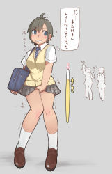 Rule 34 | 3girls, bag, between legs, black hair, blue eyes, blue neckwear, blush, breasts, brown footwear, character request, clenched teeth, female focus, full body, grey background, grey skirt, hand between legs, have to pee, japanese text, knees together feet apart, looking back, medium breasts, miniskirt, multiple girls, necktie, nose blush, plaid, plaid skirt, rodon, school uniform, shirt, shoes, short hair, short sleeves, simple background, skirt, socks, solo focus, standing, sweat, teeth, text focus, thought bubble, translated, trembling, uniform, urine meter, vest, white legwear, white shirt