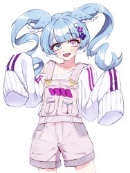 Rule 34 | 1girl, aged down, aqua eyes, blue hair, blue wings, blush, cgator, commentary, cowboy shot, elira pendora, elira pendora (1st costume), english commentary, fangs, grey overalls, hair ornament, head wings, heterochromia, highres, long hair, long sleeves, looking at viewer, nijisanji, nijisanji en, off shoulder, open mouth, overall shorts, overalls, oversized clothes, purple eyes, sidelocks, simple background, skin fangs, sleeves past fingers, sleeves past wrists, smile, solo, standing, sweater, virtual youtuber, white background, white sweater, wings, x hair ornament
