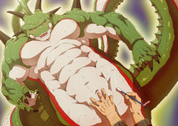 Rule 34 | 2boys, abs, arm hair, bara, blush, cleaning, cloaca, completely nude, dragon ball, fingernails, foreshortening, from below, furry, furry male, furry with non-furry, horns, interspecies, large pectorals, male focus, multiple boys, multiple horns, muscular, muscular male, navel, nipples, nude, pectorals, porunga, scales, sharp fingernails, solo focus, stomach, torieda