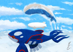 Rule 34 | absurdres, aircraft, black sclera, closed mouth, cloud, colored sclera, commentary request, creatures (company), day, dirigible, flying whale, from side, game freak, gen 3 pokemon, highres, kyogre, legendary pokemon, nankyoku (antarctic poke), nintendo, no humans, outdoors, pokemon, pokemon (creature), wailord, whale, yellow eyes