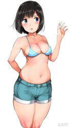 Rule 34 | 1girl, 2019, arm behind back, bikini, bikini top only, black hair, blue eyes, blush, breasts, character request, collarbone, copyright request, dot nose, highres, kumaneko, looking to the side, medium breasts, medium hair, navel, parted lips, ribs, shorts, simple background, solo, standing, swimsuit, tareme, waving, white background