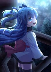 Rule 34 | 10s, 1girl, bassa, black bow, black thighhighs, blue eyes, blue hair, blush, bow, commentary, hair bow, highres, long hair, long sleeves, looking at viewer, looking back, noel (sora no method), open mouth, pink bow, smile, solo, sora no method, teeth, thighhighs, twintails, two side up