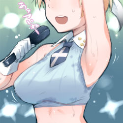 Rule 34 | 1girl, arm up, armpits, blonde hair, brave witches, breasts, crop top, em (totsuzen no hakike), halterneck, halterneck, hand up, hanna wind, head out of frame, medium breasts, microphone, open mouth, short hair, smile, solo, sweat, sweat stain, upper body, very short hair, world witches series