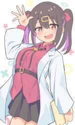 Rule 34 | 1girl, :d, absurdres, belt, black hair, commentary, hair ribbon, hand up, highres, holding, holding tablet pc, kemu1209, lab coat, long hair, long sleeves, looking at viewer, male-female symbol, neck ribbon, onii-chan wa oshimai!, open mouth, orange eyes, oyama mihari, ribbon, skirt, smile, solo, tablet pc, twintails