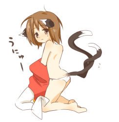 Rule 34 | 1girl, animal ears, ass, bad id, bad pixiv id, brown eyes, brown hair, cat ears, cat girl, cat tail, chen, earrings, female focus, jewelry, multiple tails, n (2110 img07), nervous, panties, short hair, solo, sweatdrop, tail, topless, touhou, underwear, undressing