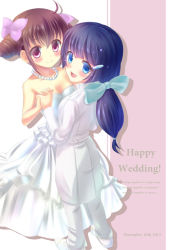 Rule 34 | 10s, 2013, 2girls, aoki reika, bare shoulders, blue eyes, blue hair, dated, dress, english text, eyelashes, formal, hair ornament, hair ribbon, hairclip, happy, hoshizora miyuki, jewelry, kuuron, long hair, looking at viewer, multiple girls, necklace, open mouth, pink eyes, pink hair, ponytail, precure, ribbon, shoes, smile, smile precure!, suit, twintails, wedding, wedding dress, white dress, wife and wife, yuri