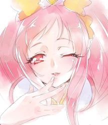 Rule 34 | 1girl, chiyo (rotsurechiriha), cure ace, dokidoki! precure, hand to own mouth, light smile, lips, madoka aguri, one eye closed, portrait, precure, red eyes, red hair, solo, wink