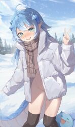 Rule 34 | 1girl, absurdres, ahoge, aqua eyes, black thighhighs, blue hair, breasts, brown scarf, cloud, coat, cropped legs, double-parted bangs, dragon girl, dragon horns, exitus, gradient hair, highres, horns, long hair, looking at viewer, mascot, medium breasts, midori xu, multicolored hair, naked coat, paroniie (vtuber), pine tree, pointy ears, scales, scarf, sidelocks, sky, slit pupils, snow, standing, striped clothes, striped scarf, thighhighs, tree, two-tone hair, v, virtual youtuber, white coat, white hair