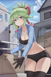 Rule 34 | 1girl, absurdres, alternate costume, black gloves, black shorts, black tank top, black thighhighs, blue jacket, blue sky, breasts, city, cleavage, closed mouth, cloud, collarbone, commentary request, cowboy shot, crop top, cropped jacket, dolri, genshin impact, gloves, green hair, hair between eyes, highres, jacket, kuki shinobu, looking at viewer, medium breasts, micro shorts, navel, outdoors, package, platform truck, ponytail, purple eyes, rope, shimenawa, shorts, sidelocks, sky, solo, stomach, tank top, thighhighs