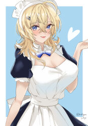 Rule 34 | 1girl, alternate costume, apron, black dress, blonde hair, blue background, blue eyes, breasts, chamumi (mochiumee), cleavage, dress, enmaided, hair between eyes, hair ornament, hairclip, highres, kantai collection, large breasts, looking at viewer, maid, maid headdress, medium hair, solo, tuscaloosa (kancolle), two-tone background, two-tone dress, white apron