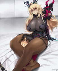 Rule 34 | 1boy, 1girl, absurdres, arcsinge, bed sheet, black hair, blonde hair, breasts, brown pantyhose, dress, barghest (fate), fate/grand order, fate (series), feet, green eyes, hair ornament, hetero, heterochromia, highleg, highleg dress, highres, huge breasts, jewelry, large breasts, legs, long hair, looking at another, looking down, lying, multicolored eyes, necklace, no shoes, on bed, pantyhose, pasties, red eyes, see-through, see-through dress, short hair, signature, sitting, soles, thighs, toes