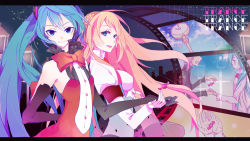 Rule 34 | 2girls, candy, chikashige, clock, copyright name, elbow gloves, film strip, gloves, holding hands, hatsune miku, letterboxed, long hair, megurine luka, multiple girls, pink hair, twintails, very long hair, vocaloid