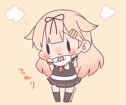 Rule 34 | 10s, 1girl, :&gt;, :v, bad id, bad twitter id, black legwear, black ribbon, blonde hair, blush, chibi, closed mouth, commentary request, hair flaps, hair ornament, hair ribbon, hairclip, kantai collection, long hair, lowres, momoniku (taretare-13), no shoes, pleated skirt, red ribbon, ribbon, scarf, simple background, skirt, solid oval eyes, solo, translation request, twitter username, yuudachi (kancolle), yuudachi kai ni (kancolle)
