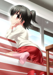 Rule 34 | 10s, 1girl, akagi miria, black hair, blush, brown eyes, hand on own cheek, hand on own face, idolmaster, idolmaster cinderella girls, looking back, no shoes, shoes, unworn shoes, short hair, skirt, socks, solo, twintails, two side up, zen