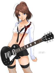 Rule 34 | 1girl, blue eyes, breasts, brown hair, cleavage, fishnet thighhighs, fishnets, guitar, instrument, long hair, midriff, miniskirt, navel, necktie, ponytail, ryouzou, simple background, skirt, solo, thighhighs, underboob