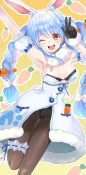 Rule 34 | 1girl, ;d, absurdres, animal ear fluff, animal ears, arm above head, armpits, black gloves, black leotard, black pantyhose, blue hair, blue ribbon, blush, bow, bra, braid, breasts, bridal garter, brown pantyhose, carrot, carrot hair ornament, cleavage, commentary request, detached sleeves, don-chan (usada pekora), dress, food-themed background, food-themed hair ornament, foot out of frame, fur trim, gloves, hair bow, hair ornament, hand up, highres, hololive, leotard, long hair, looking at viewer, multicolored hair, one eye closed, open mouth, orange eyes, outline, pantyhose, polka dot, polka dot background, pom pom (clothes), puffy short sleeves, puffy sleeves, rabbit ears, rabbit girl, rabbit tail, ribbon, short sleeves, sidelocks, silver hair, simple background, small breasts, smile, solo, sono mata, tail, teeth, thick eyebrows, twin braids, twintails, two-tone hair, underwear, upper teeth only, usada pekora, usada pekora (1st costume), v, very long hair, virtual youtuber, white bow, white dress, white outline, yellow background