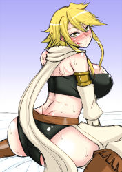 Rule 34 | 10s, 1girl, akame ga kill!, ass, bare shoulders, black panties, blonde hair, blush, breasts, curvy, female focus, gradient background, highres, huge ass, huge breasts, leone (akame ga kill!), looking at viewer, looking back, midriff, panties, sitting, smile, solo, strapless, sweat, syonnaka, tongue, tongue out, tube top, underwear, wide hips, yellow eyes