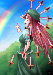 Rule 34 | +++, 1girl, bad id, bad pixiv id, braid, breasts, chinese clothes, female focus, hat, highres, hong meiling, knife, long hair, nature, nemo (marmeid331), outdoors, plant, rainbow, red hair, skirt, sky, solo, throwing knife, touhou, twin braids, weapon
