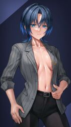 Rule 34 | 1girl, absurdres, black pants, blue eyes, blue hair, breasts, closed mouth, collarbone, ear piercing, grey jacket, highres, hiodoshi ao, hololive, hololive dev is, jacket, looking at viewer, medium breasts, mole, mole under mouth, multicolored hair, navel, no bra, pants, parted bangs, piercing, shirt, short hair, skylock, solo, striped clothes, striped jacket, tomboy, vertical-striped clothes, vertical-striped jacket, virtual youtuber