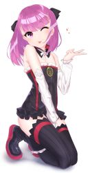Rule 34 | 1girl, bare shoulders, black dress, black footwear, black ribbon, black thighhighs, blush, boots, chawan (yultutari), closed mouth, commentary request, detached collar, detached sleeves, dress, fate/grand order, fate (series), flat chest, frills, hair ribbon, heart, helena blavatsky (fate), highres, hip focus, kneeling, looking at viewer, one eye closed, purple eyes, purple hair, ribbon, short dress, short hair, simple background, smile, solo, strapless, strapless dress, thighhighs, thighhighs under boots, thighs, tongue, tongue out, white background, white sleeves