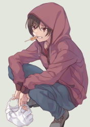 Rule 34 | 1girl, bag, black pants, brown hair, brown jacket, charlotte (anime), commentary request, eating, grey background, hood, hooded jacket, hoodie, jacket, mitsuyo (mituyo324), mouth hold, otosaka yuu, pants, plastic bag, red eyes, simple background, solo, squatting
