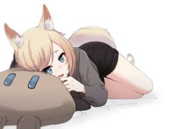 Rule 34 | 1girl, animal ear fluff, animal ears, arknights, black bow, black shirt, black shorts, blonde hair, blue eyes, bow, commentary, fang, female focus, hair bow, horse ears, horse girl, horse tail, looking at viewer, lying, matsumotossu, on side, open mouth, pillow, shirt, shorts, simple background, skin fang, solo, tail, whislash (arknights), white background