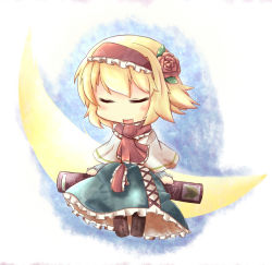 Rule 34 | 1girl, alice margatroid, blonde hair, blue background, blush stickers, book, capelet, chibi, crescent moon, cross-laced footwear, dress, closed eyes, female focus, flower, gasuto (kamikami), hair flower, hair ornament, headband, moon, open mouth, ribbon, rose, short hair, sitting, sitting on object, solo, touhou