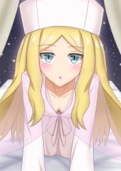 Rule 34 | 1girl, absurdres, all fours, blonde hair, blue eyes, blush, breasts, caitlin (pokemon), cape, creatures (company), downblouse, dress, game freak, hat, highres, katsuragi b k, large hat, long hair, looking at viewer, nintendo, parted bangs, parted lips, pink cape, pokemon, pokemon (creature), pokemon bw, see-through cape, small breasts, solo, wavy hair, white dress