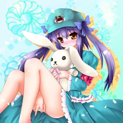 Rule 34 | 1girl, absurdres, armband, blush, clothing aside, crab, dzc23, green dam, hair ribbon, hat, highres, os-tan, panties, panties aside, personification, purple hair, pussy, rabbit, ribbon, sitting, solo, striped clothes, striped panties, stuffed animal, stuffed toy, twintails, uncensored, underwear, yellow eyes