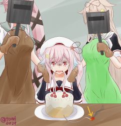Rule 34 | 10s, 3girls, apron, arrow (symbol), beret, blue hair, bomb, cake, covering face, explosive, food, fruit, frying pan, gloves, gradient hair, hair ornament, hairclip, hand on shoulder, harusame (kancolle), hat, holding, image sample, kantai collection, multicolored hair, multiple girls, noyomidx, plate, puffy sleeves, scared, shaded face, sitting, sparkle, strawberry, table, tearing up, tears, welding mask, x hair ornament, yura (kancolle), yuudachi (kancolle)