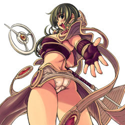 Rule 34 | ass, cowboy shot, green eyes, green hair, mil (xration), outstretched arm, outstretched hand, panties, pantyshot, ragnarok online, reaching, sage (ragnarok online), simple background, solo, staff, underwear, white background