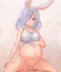 Rule 34 | 1777 kaki, 1boy, 1girl, animal ears, bar censor, big belly, blue eyes, bottomless, breasts, censored, commentary, commission, cowgirl position, girl on top, grey hair, hand on own stomach, hetero, jarael (rayer), large breasts, medium breasts, original, penis, pregnant, rabbit ears, rabbit girl, skeb commission, stomach, straddling, sweat, vaginal